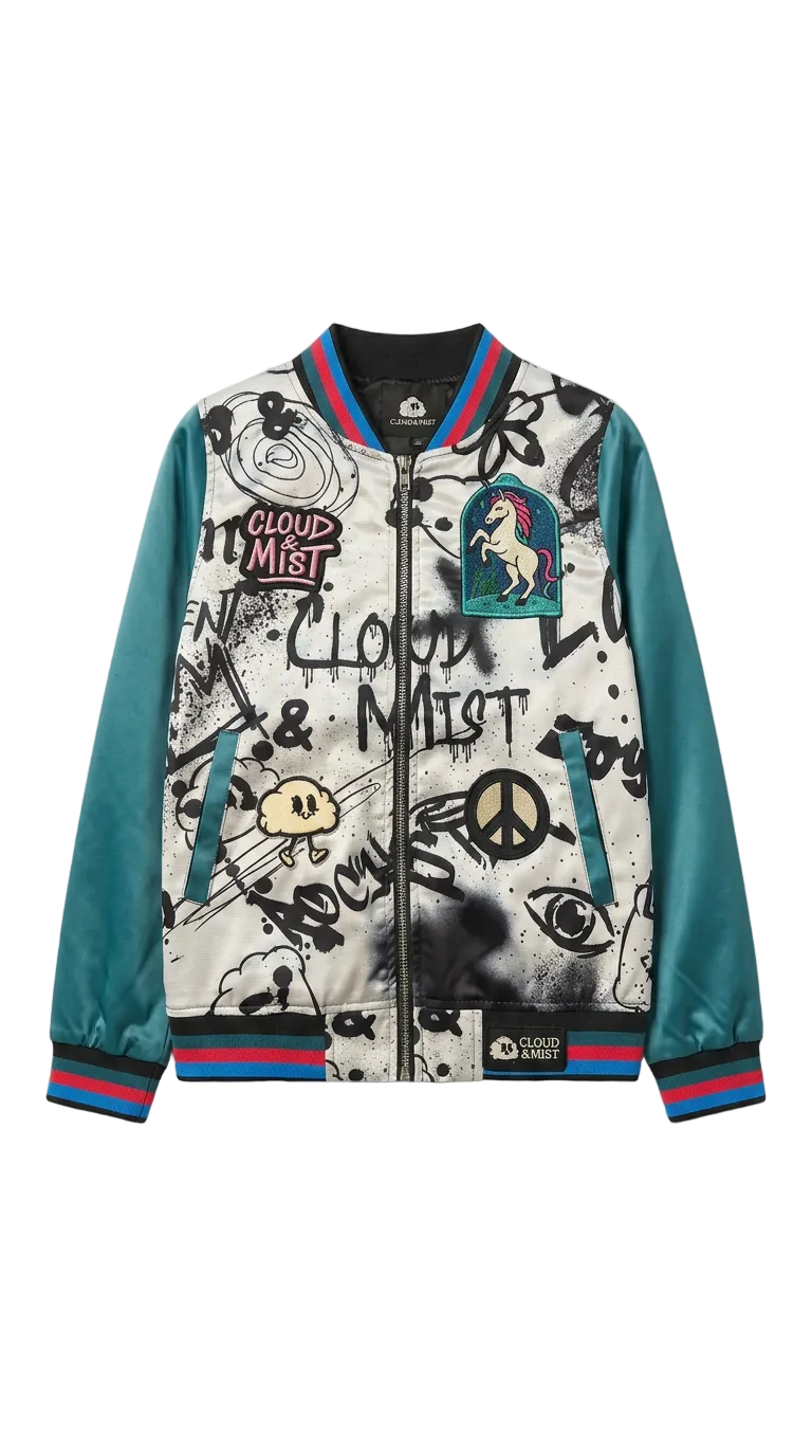 Color graffiti bomber jacket w/teal sleeves