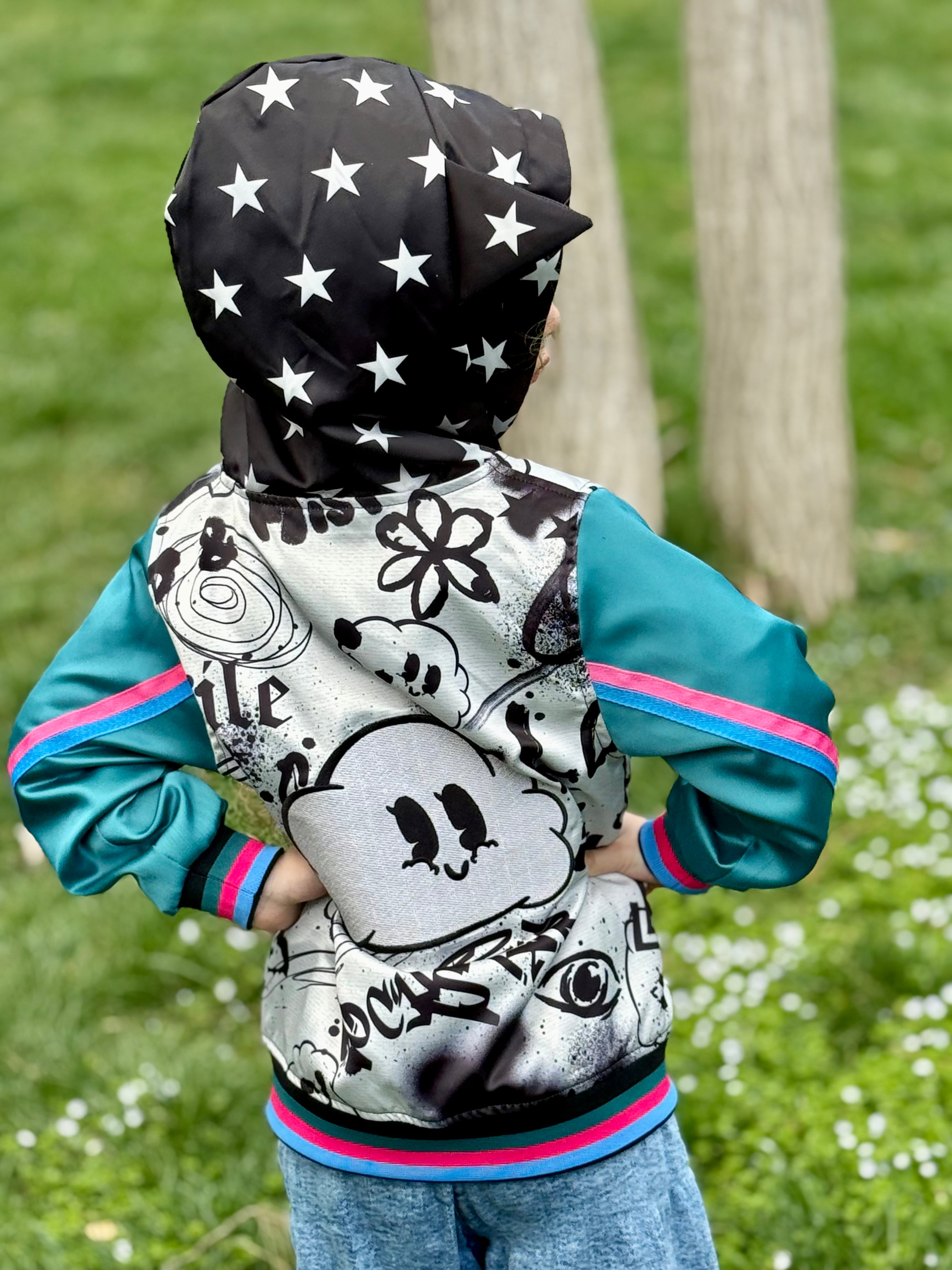 Color graffiti bomber jacket w/teal sleeves