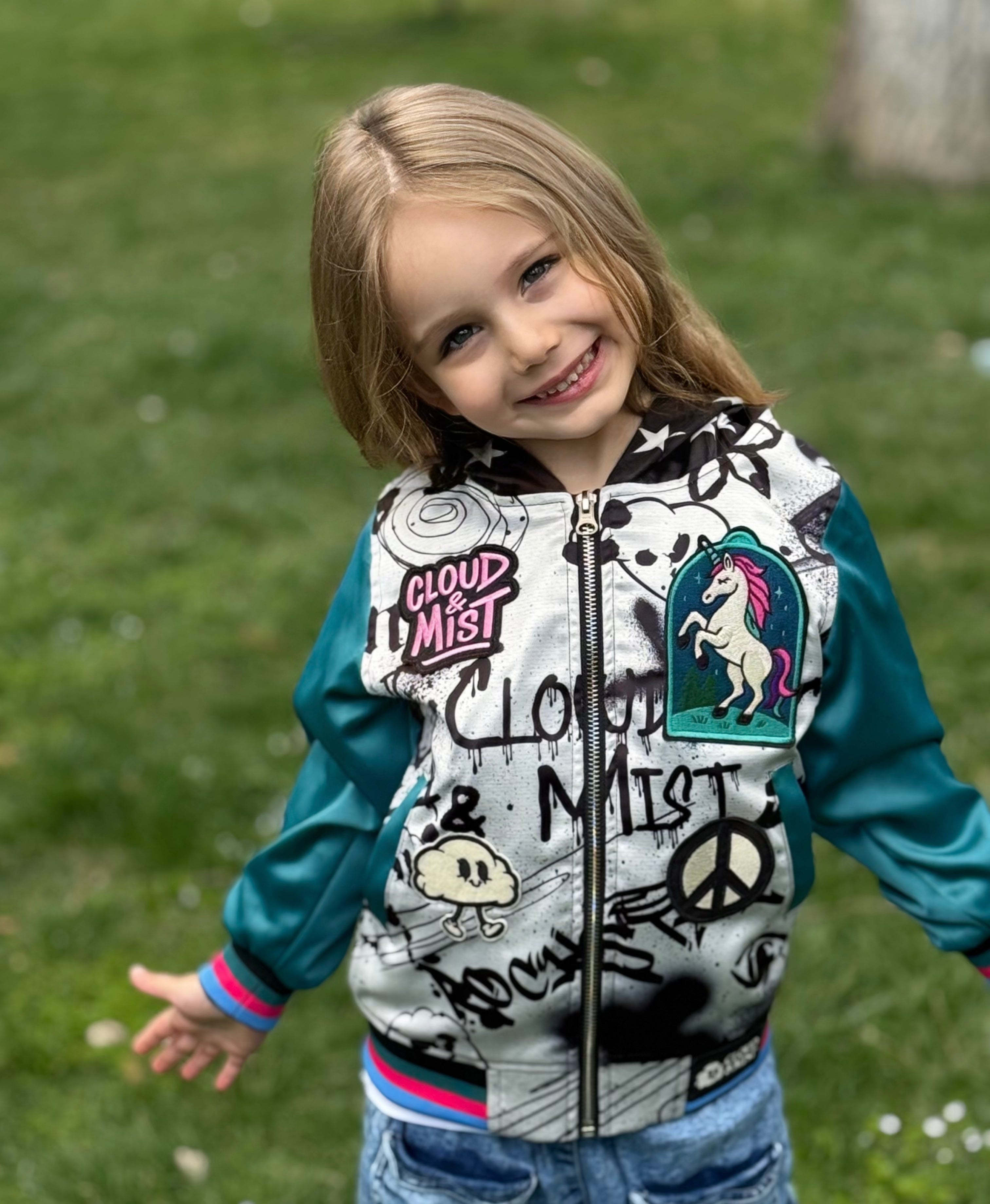 Color graffiti bomber jacket w/teal sleeves