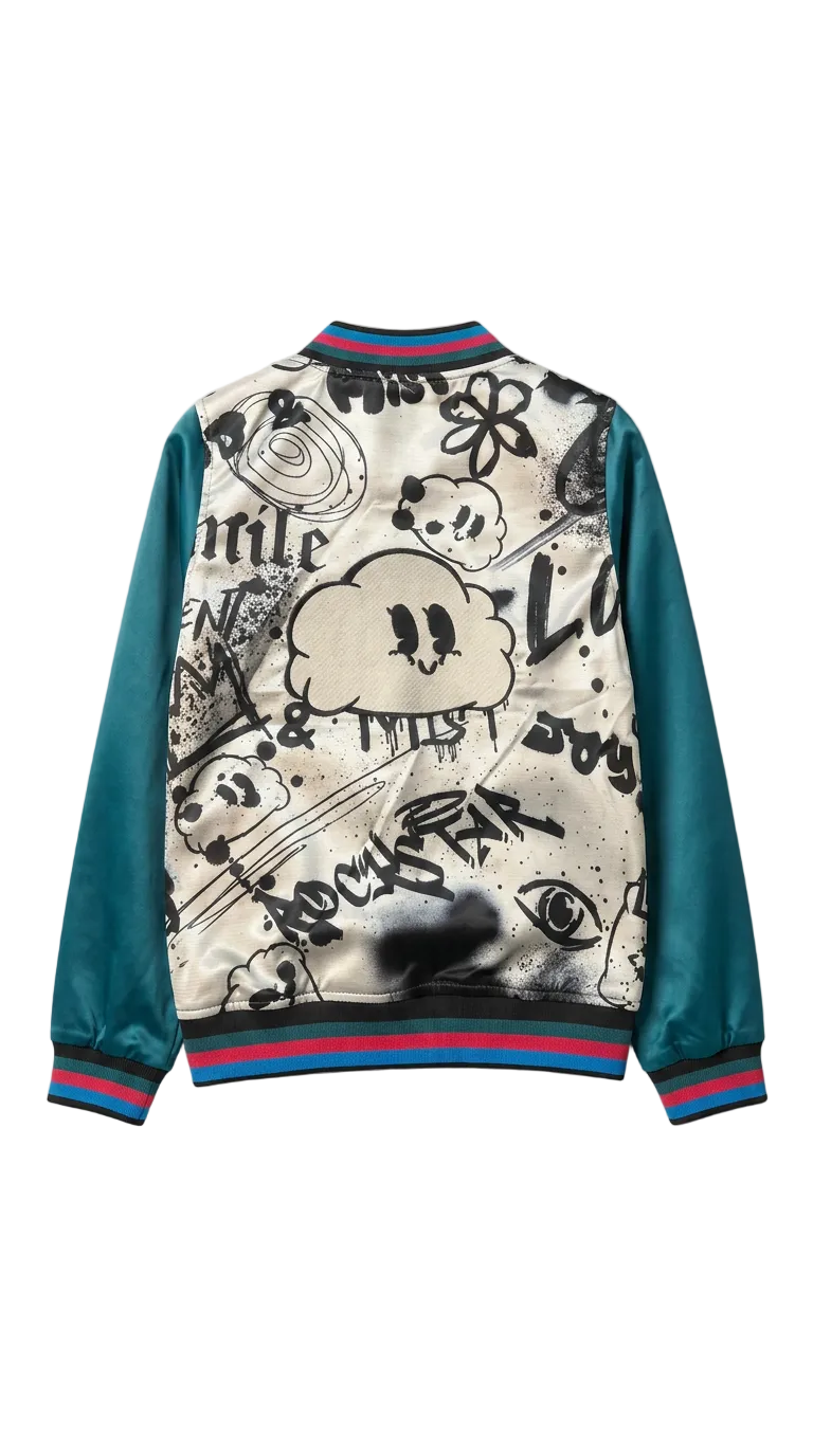 Color graffiti bomber jacket w/teal sleeves