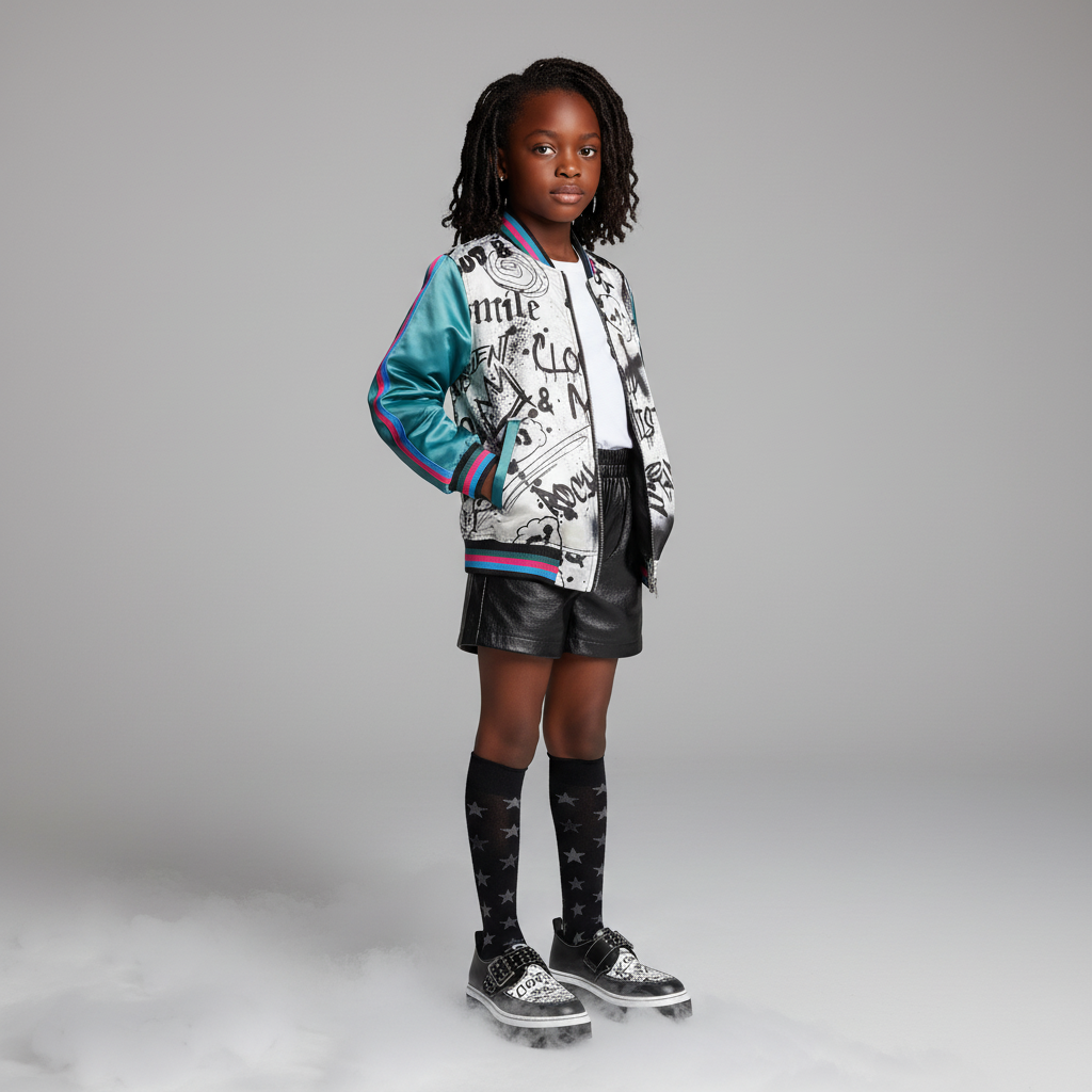 Color graffiti bomber jacket w/teal sleeves