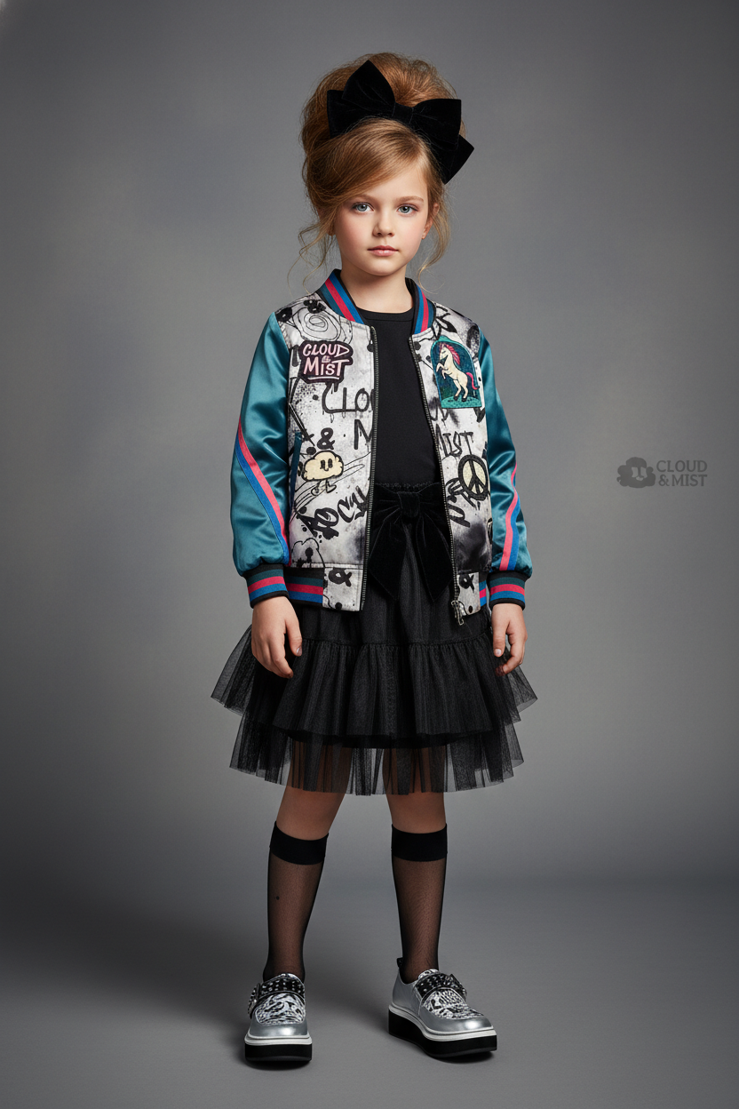 Color graffiti bomber jacket w/teal sleeves